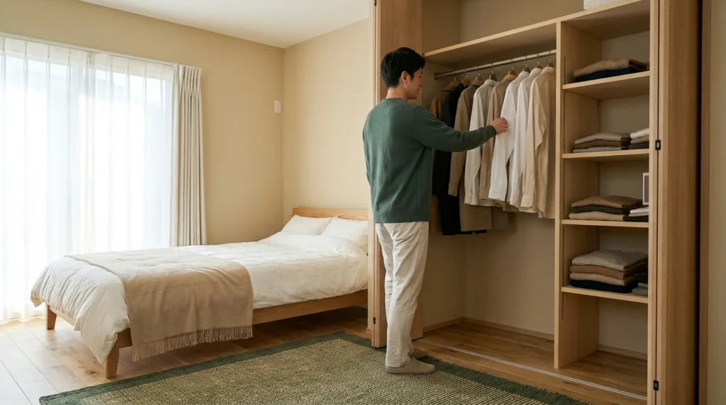 クローゼット内でハンガーの位置を替える日本人男性の後ろ姿