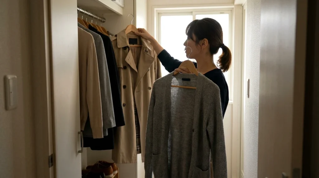 クローゼット中央の数枚の服だけを入れ替える日本人女性