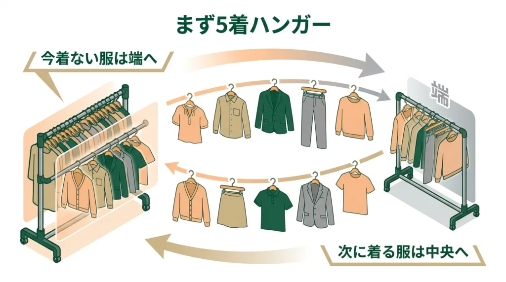 ハンガー5本だけを中央と端で入れ替える衣替えしない収納の図解