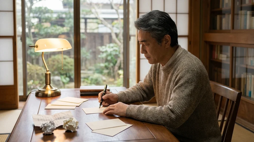 無地のはがきに年賀状じまいの文面を書く日本人男性