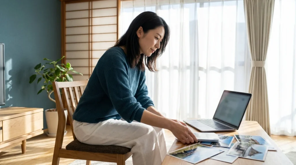 写真を並べてSNS投稿前の個人情報を見直す日本人女性