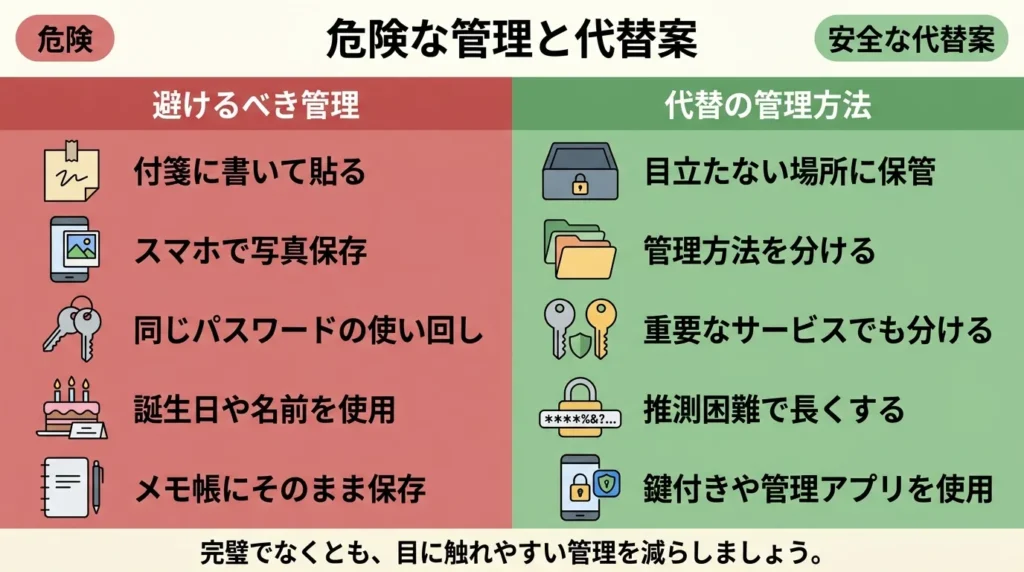 危険なパスワード管理と代わりの方法を比較した図解