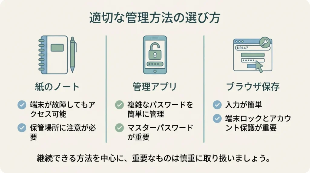 紙・管理アプリ・ブラウザ保存によるパスワード管理の使い分け