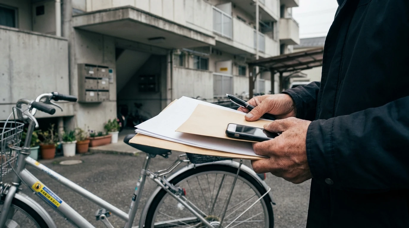 自転車のそばで防犯登録の控えや書類を確認している手元