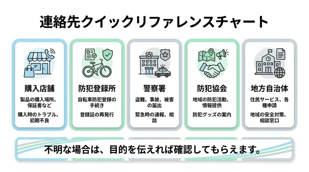 自転車防犯登録について購入店、防犯登録所、警察署などの問い合わせ先を示した図解