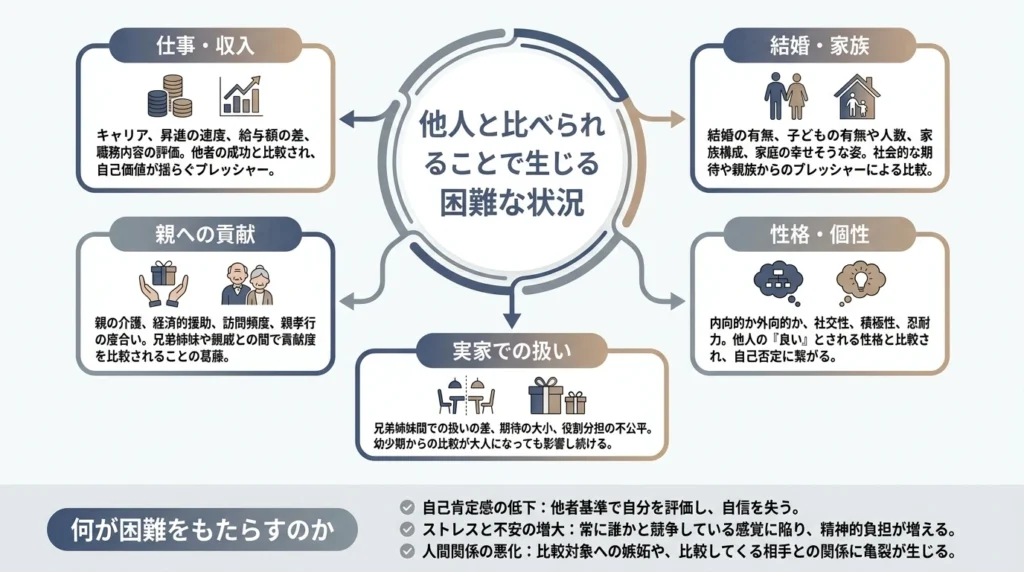 兄弟と比べられてつらい場面を仕事や結婚、実家での扱いに分けた図解
