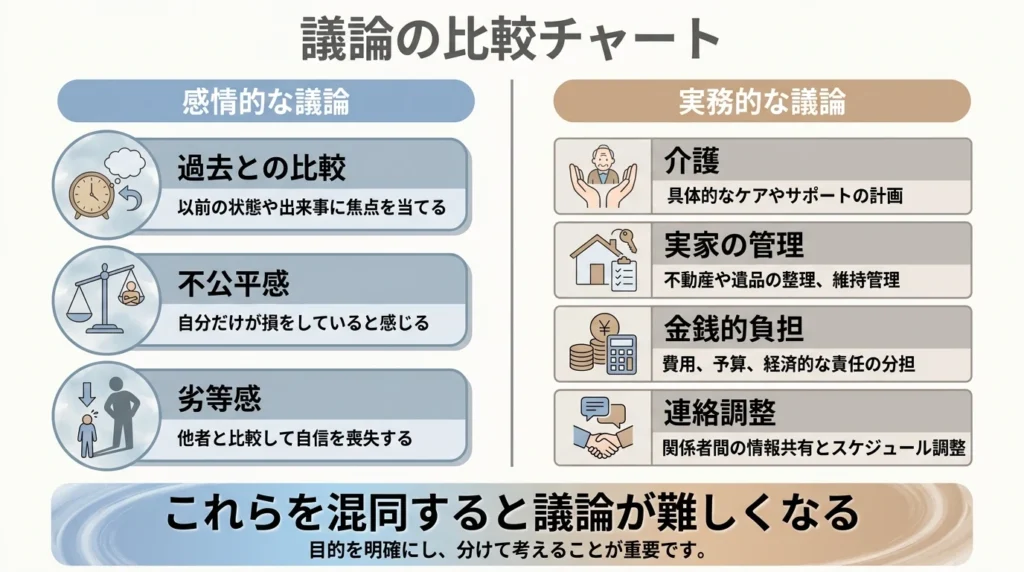 兄弟間の介護や相続の話を感情と実務に分けて整理する図解