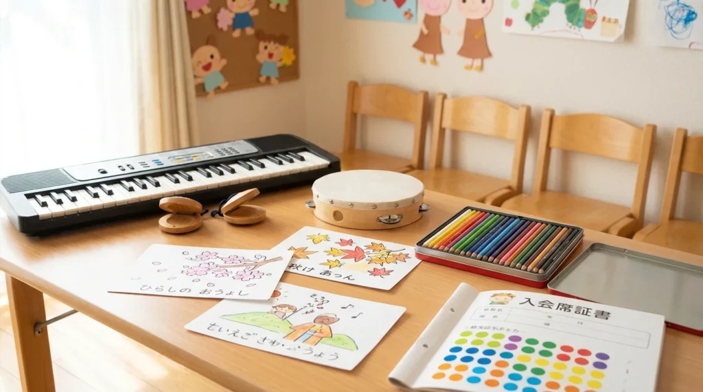 保育園の音楽活動で使うキーボードやカスタネット、絵カードを並べた様子