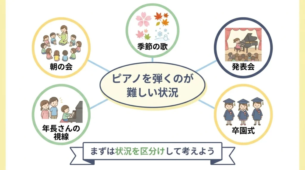 保育士がピアノをつらいと感じる場面を朝の会や行事に分けた図解