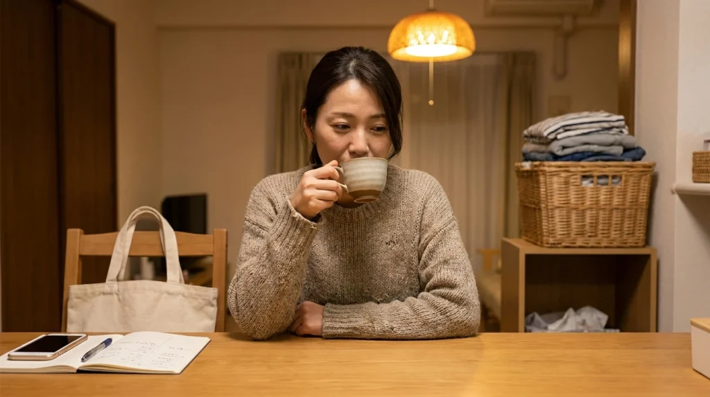 仕事と家計と家事の負担を前に考え込む女性の手元