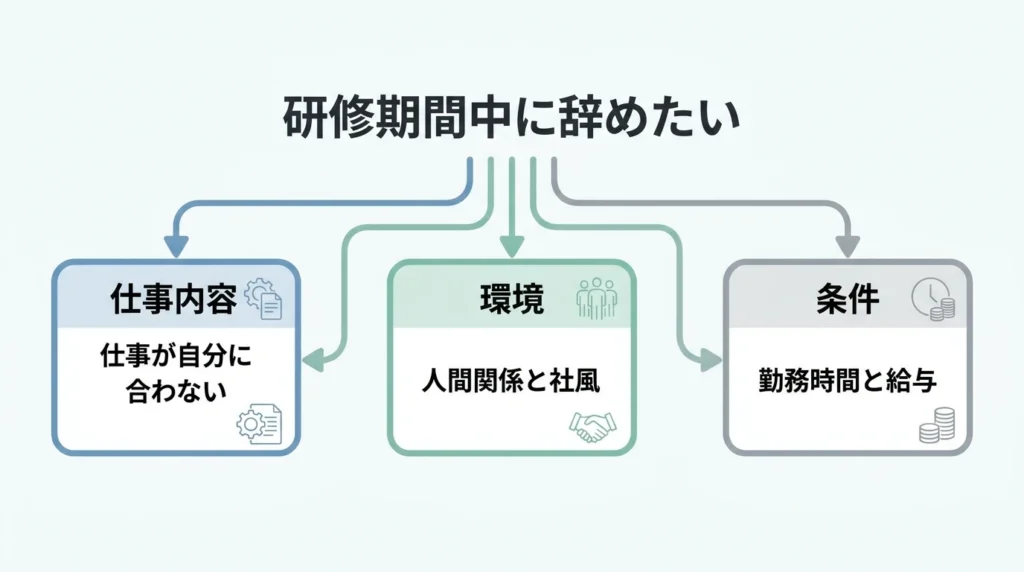 研修期間中に辞めたい理由を仕事内容環境条件の3つに分ける図解