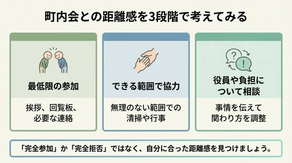 町内会との距離感を最低限参加・できる範囲で協力・役員負担は相談に分けた図解