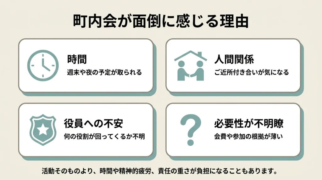 町内会が面倒に感じる理由を時間・人間関係・役員不安・必要性に分けた図解