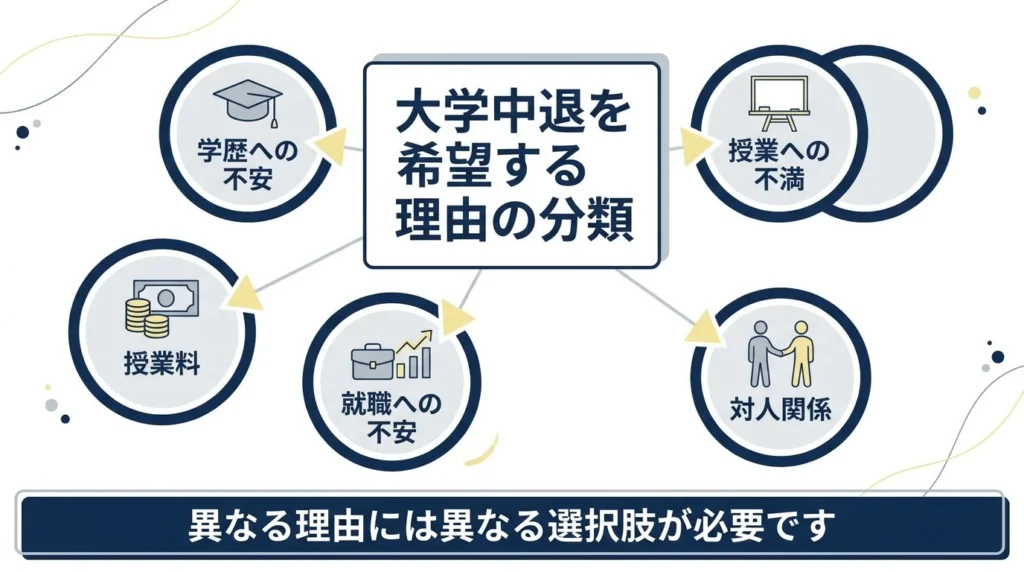 大学をやめたい理由を学歴不安や学費、就職不安などに分けた図解