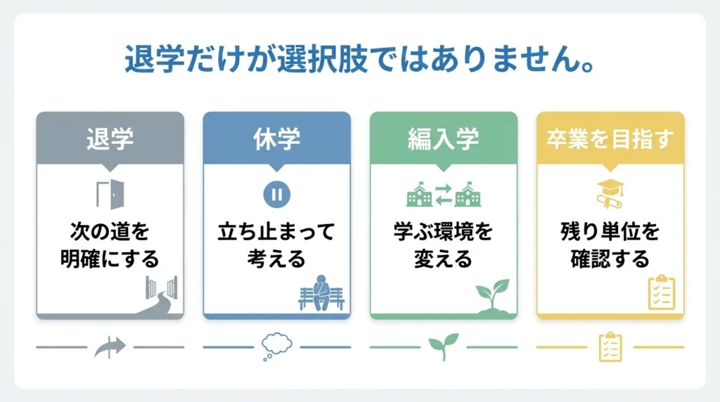 大学を辞めたい時に退学、休学、編入、卒業を比較する図解