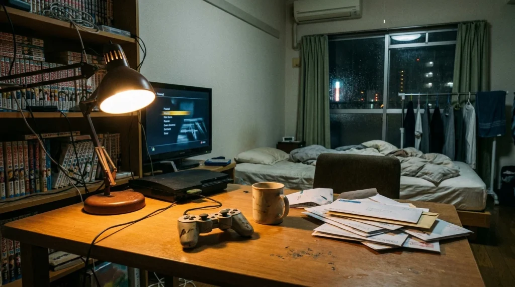 夜の部屋に置かれたゲームコントローラーと未整理の郵便