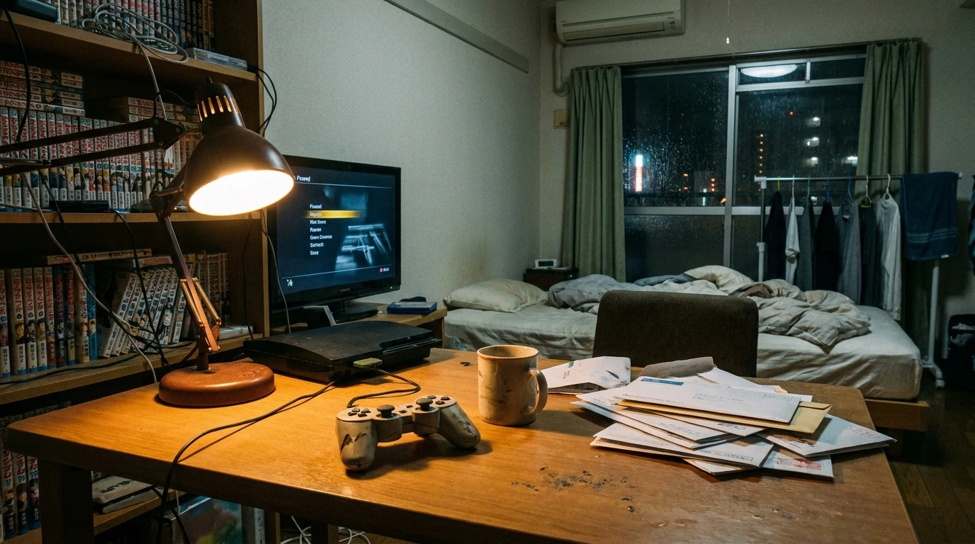 夜の部屋に置かれたゲームコントローラーと未整理の郵便