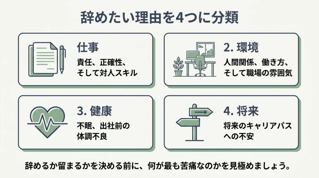 税関職員を辞めたい理由を業務・環境・体調・将来に分けた図解