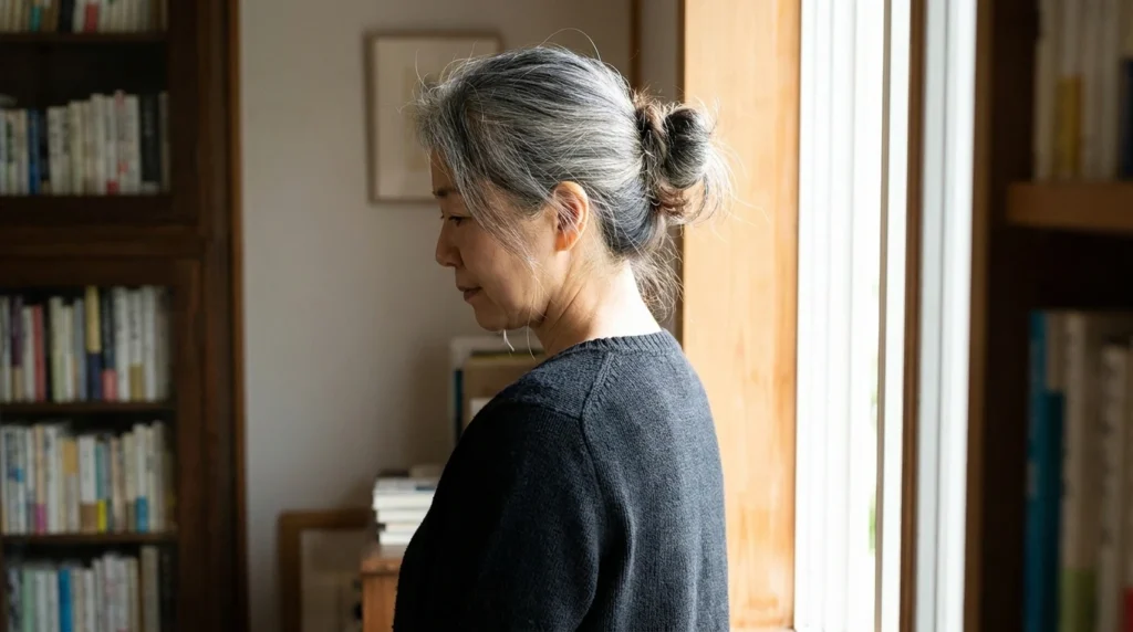 白髪を無理に隠さず、ツヤと清潔感のある自然な髪型に整えた女性の横顔