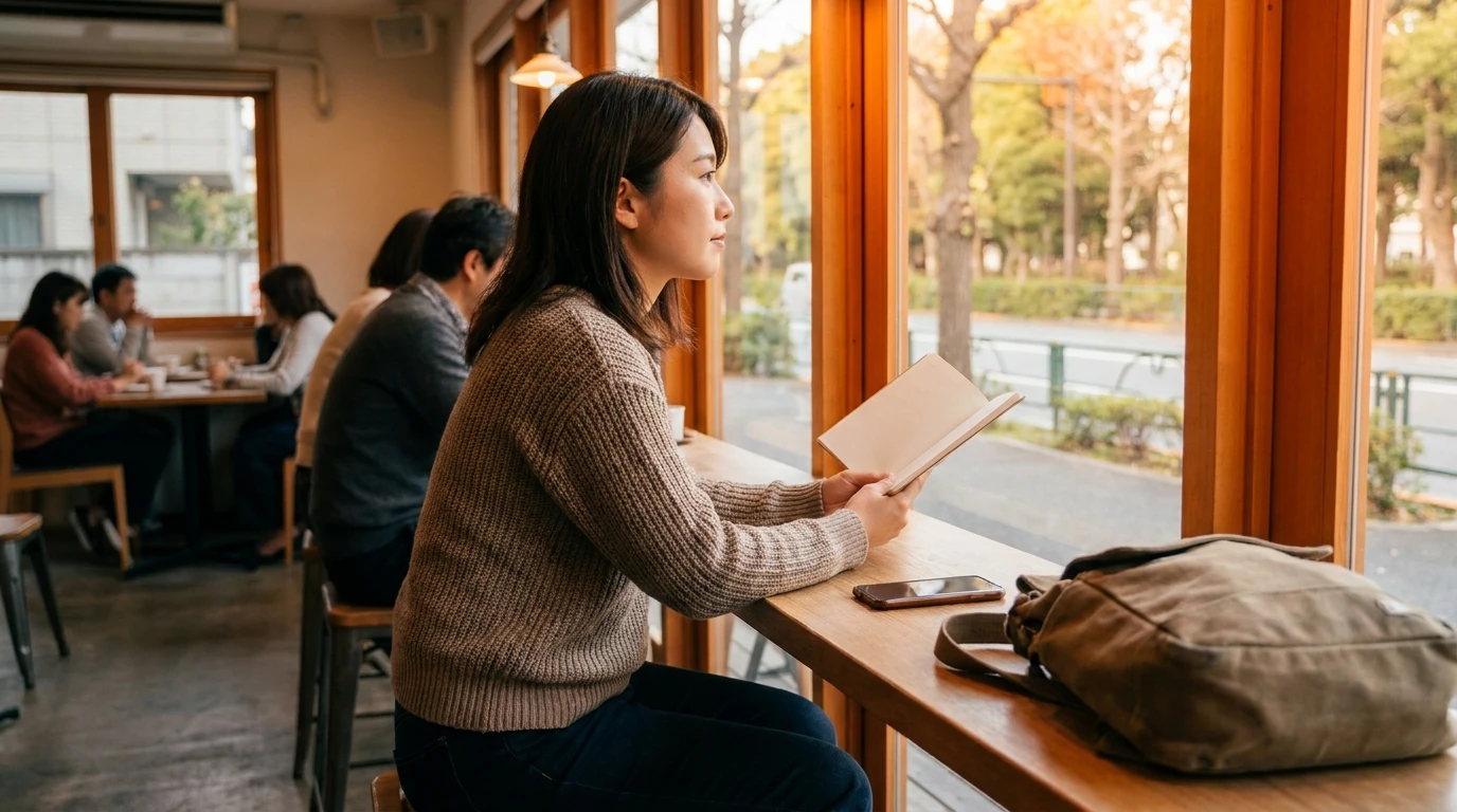カフェでノートを見ながらLINEの返信する時間を考える日本人女性