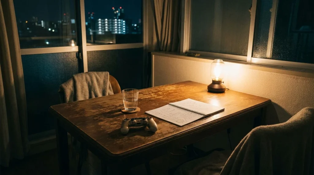 夜の一人暮らしの部屋に置かれたゲームコントローラーとノート