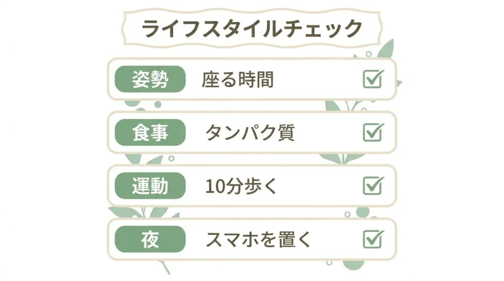 姿勢、食事、活動、夜の習慣を確認する生活チェックリスト