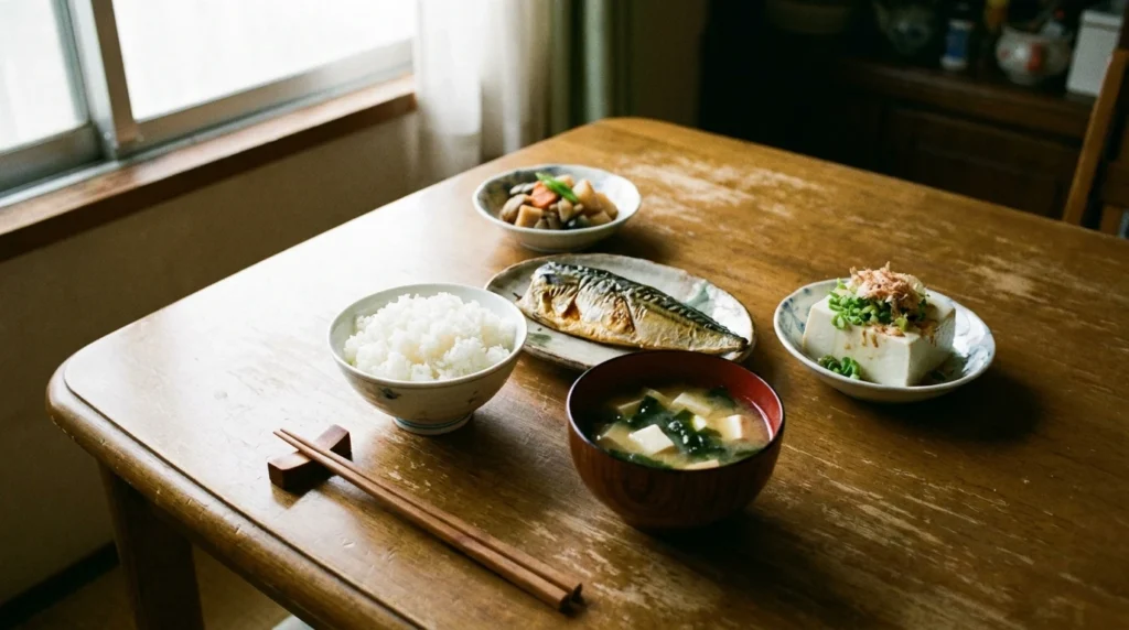 焼き魚、豆腐、味噌汁、小鉢の野菜が並ぶ家庭の食卓