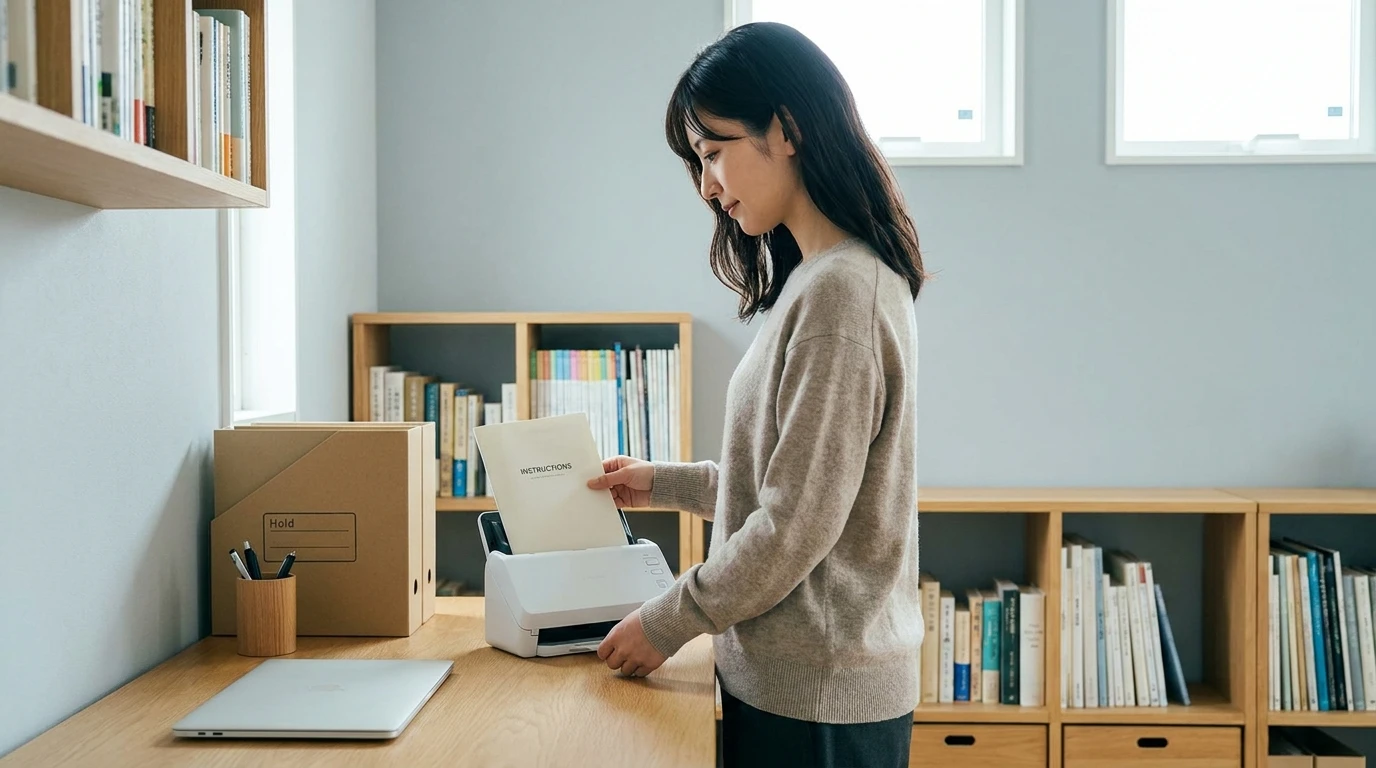 取扱説明書をスキャナーで取り込もうとする日本人女性