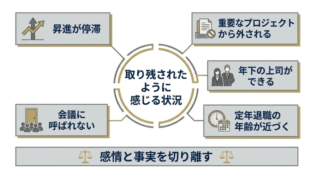 出世コースから外れたと感じる場面を昇進や役職定年などに分けた図解