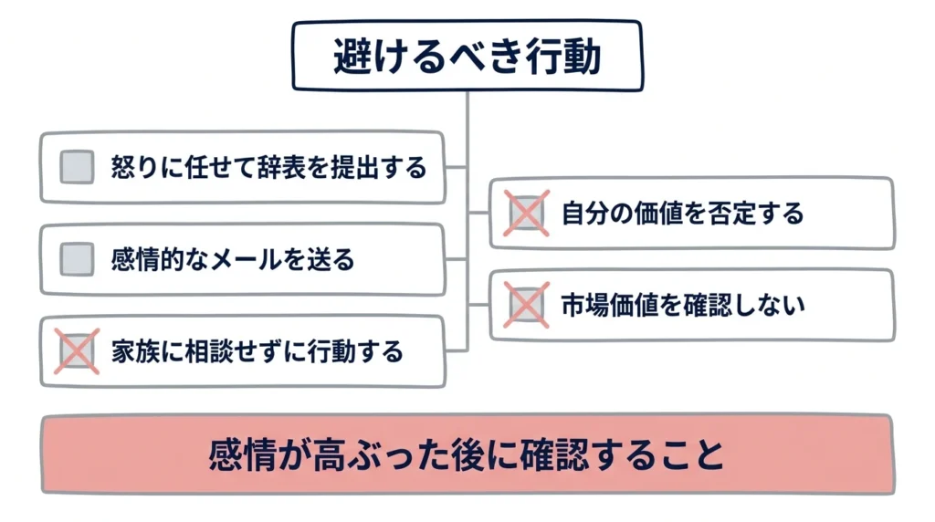 出世コースを外れた時に怒りで避けたい行動をまとめた図解