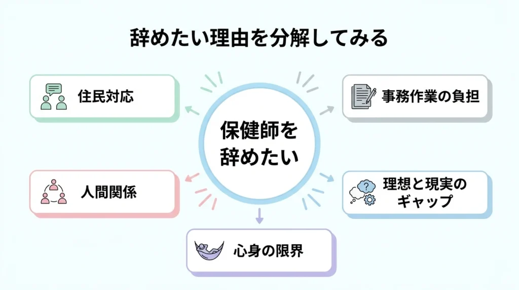 保健師を辞めたい理由を住民対応、事務量、人間関係などに分けた図解