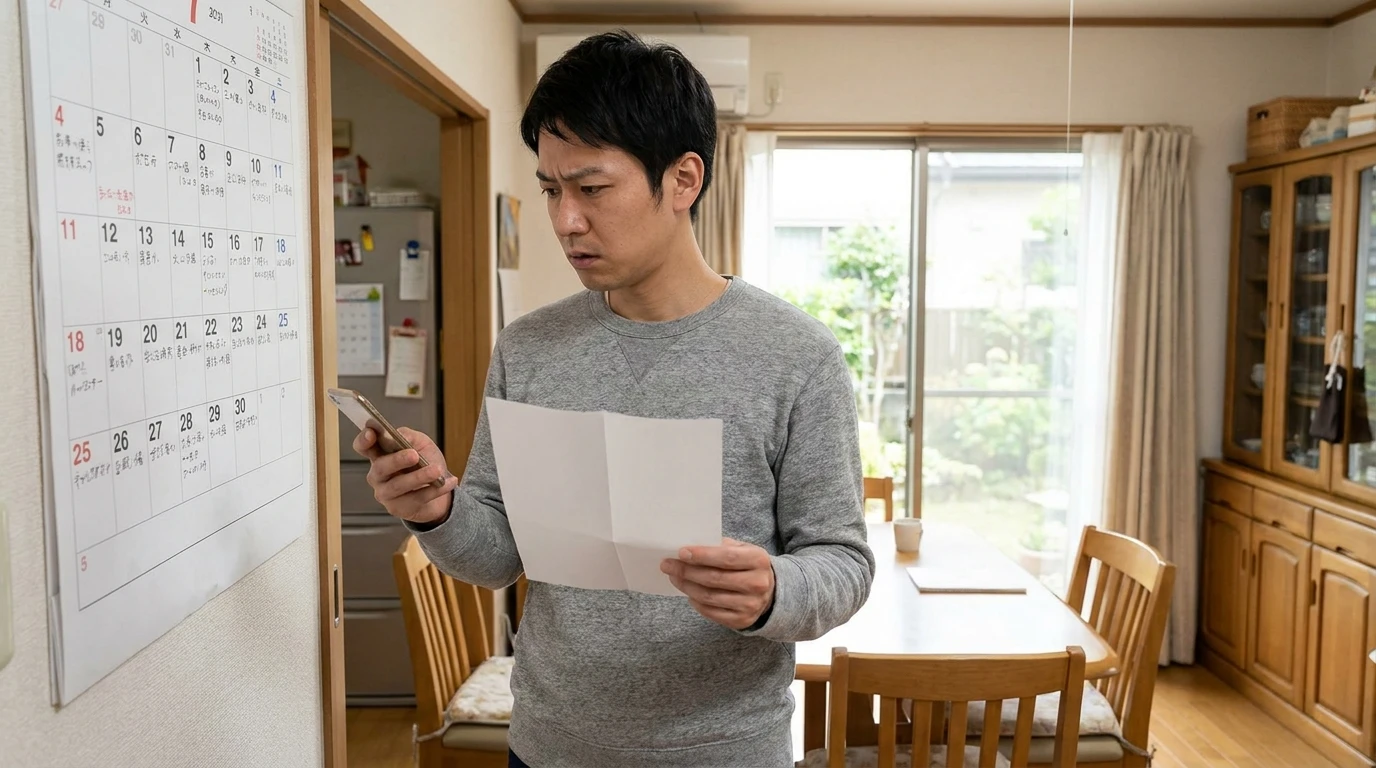 学校行事の案内と予定を確認する日本人の父親