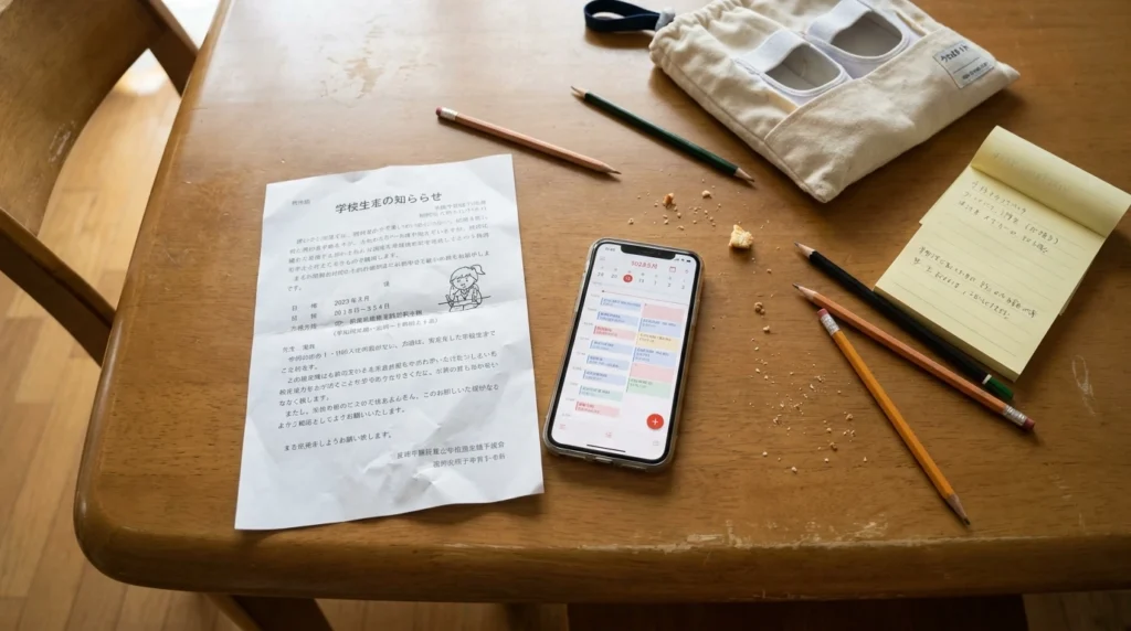 学校行事のお知らせプリントとカレンダーを確認している家庭の机