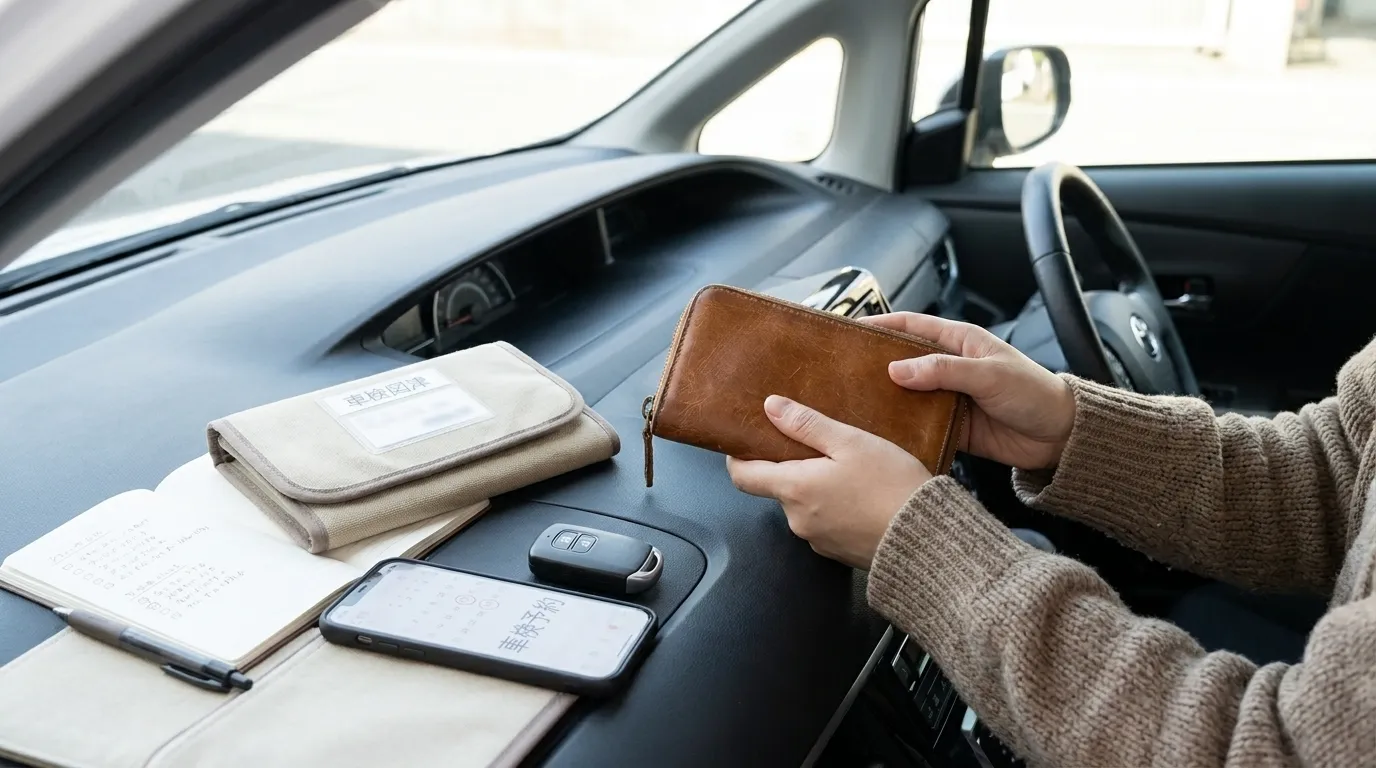 車検の予約準備として車のキーと書類を確認している手元
