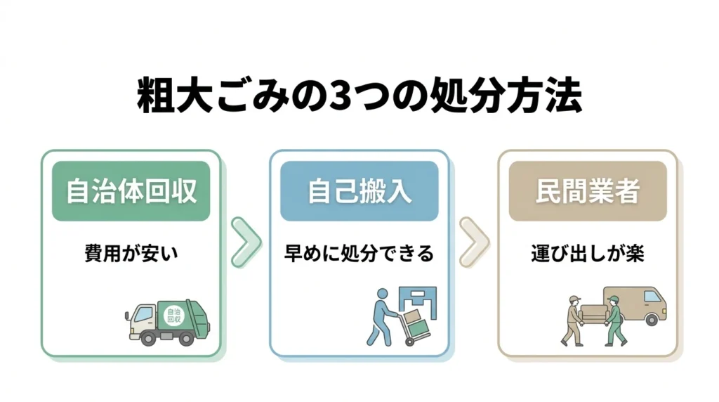 粗大ゴミの捨て方を自治体回収、自己搬入、業者依頼の3つに分けた図解