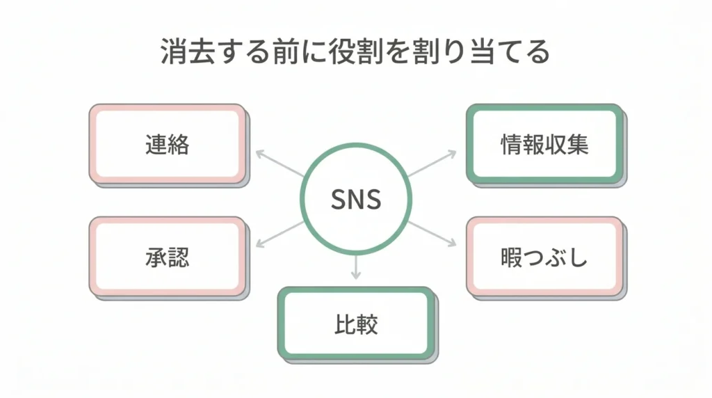 消す前に役割を分ける / SNS / 連絡 / 情報収集 / 暇つぶし / 比較 / 承認