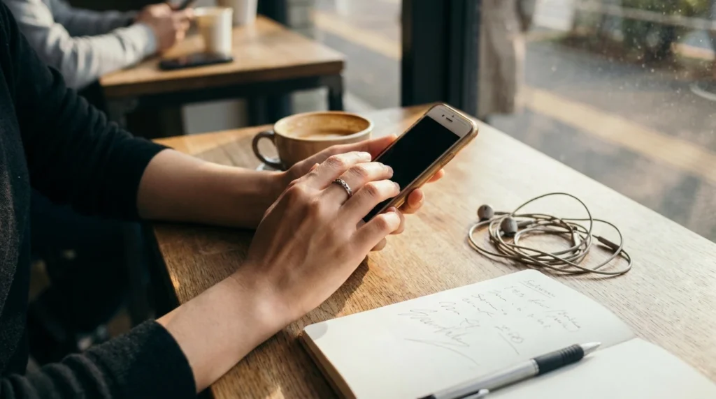 カフェでスマホと手帳を前にSNSを見ている日本人女性の手元