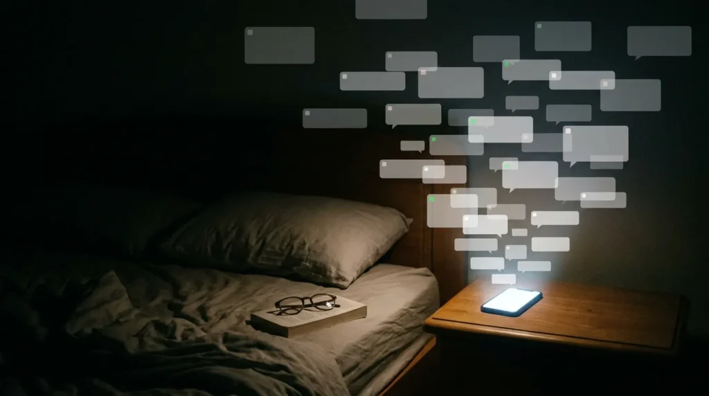 夜にスマホ通知が気になって眠れないイメージ