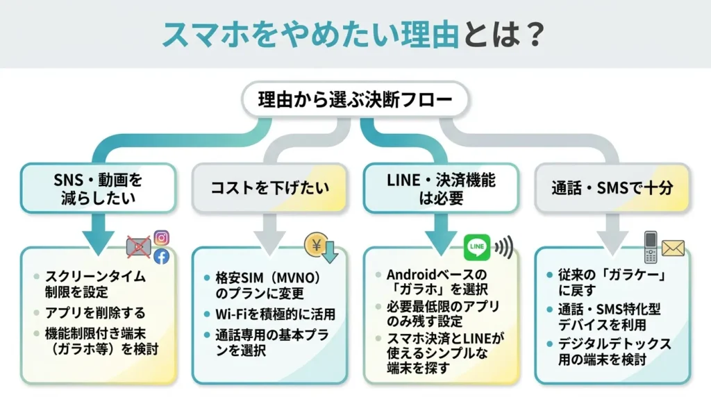スマホをやめたい理由別にガラホや二台持ちを判断するフロー図