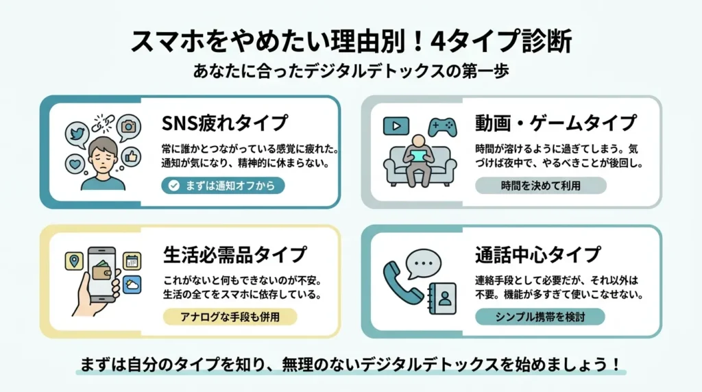スマホをやめたい理由別に4タイプへ分けた診断図