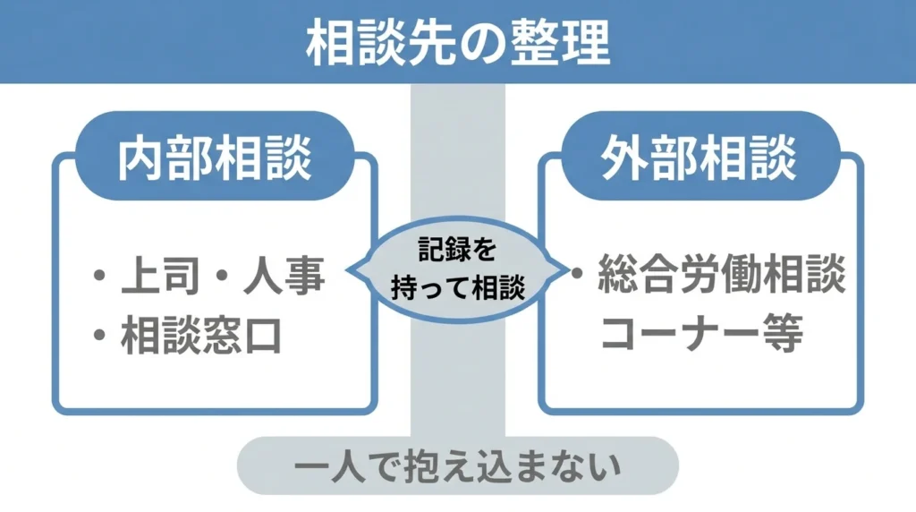 会社の理不尽な扱いについて社内相談と社外相談を分けて示した図解