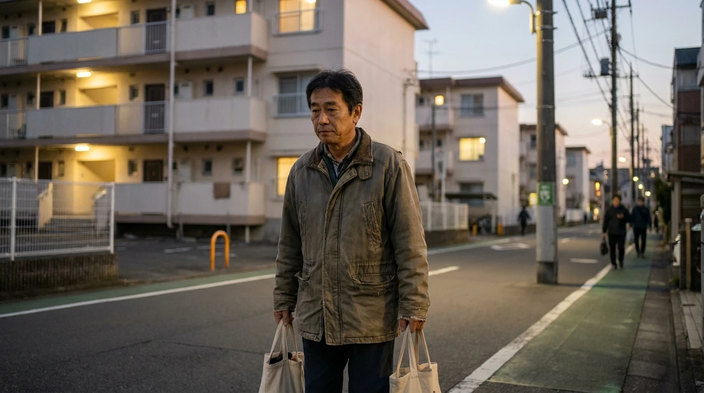 50代男性が家族と疎遠な生活の中で買い物袋を持って住宅街を歩く様子