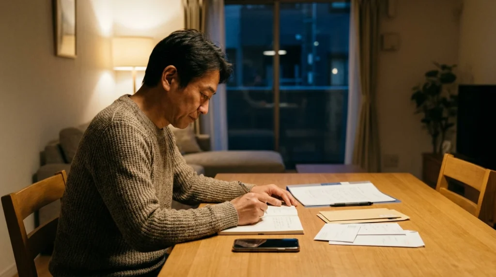 50代男性が困った時リストをノートに書いて暮らしの備えを整えている様子