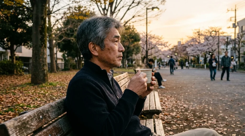 50代男性が公園のベンチで家族関係を急がず今の暮らしを考えている様子