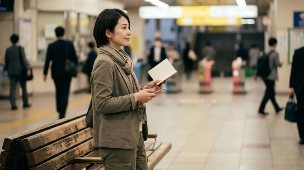 駅構内でメモ帳とスマホを持ち立ち止まる日本人女性