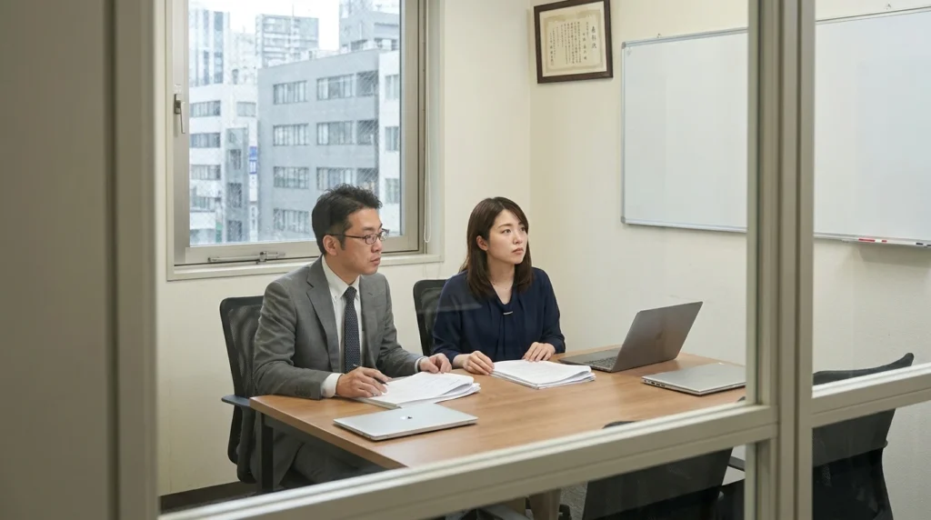 会議室で資料を確認する日本人の男女