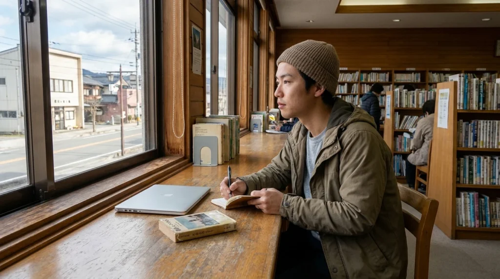 図書館でノートにメモを書きながら振り返る日本人男性