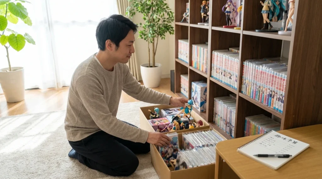 アニメグッズを整理しながら趣味費を見直す30代男性