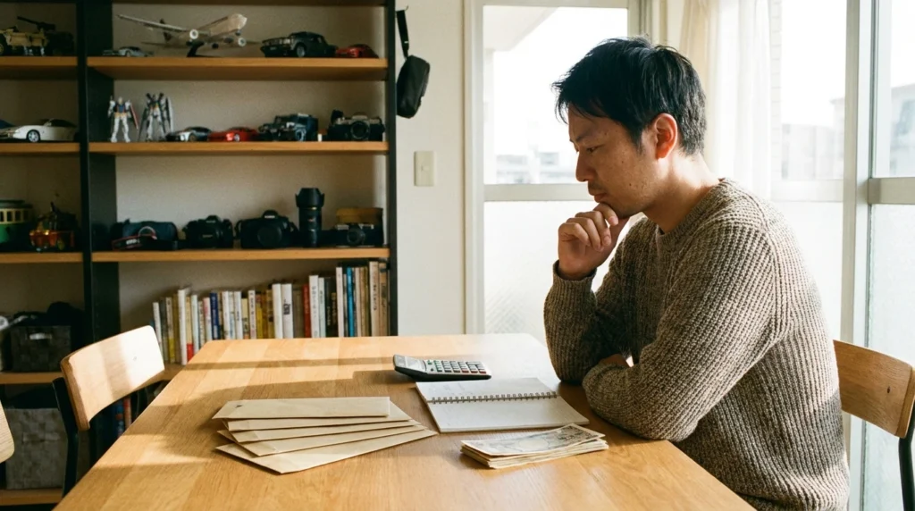 趣味棚のある部屋でノートと封筒を使って趣味費を分ける30代男性