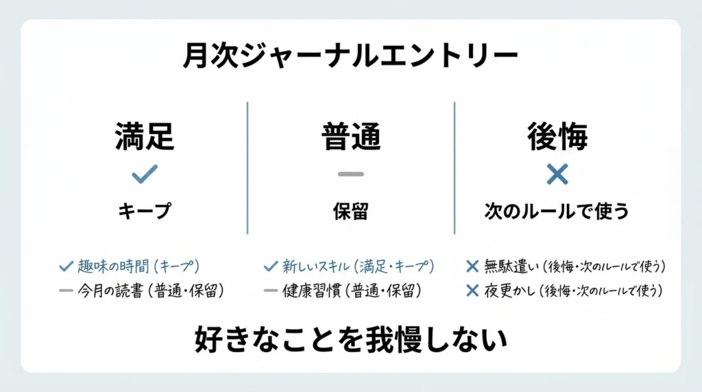 アニメ支出を満足普通後悔に分けて月末に仕訳する図解